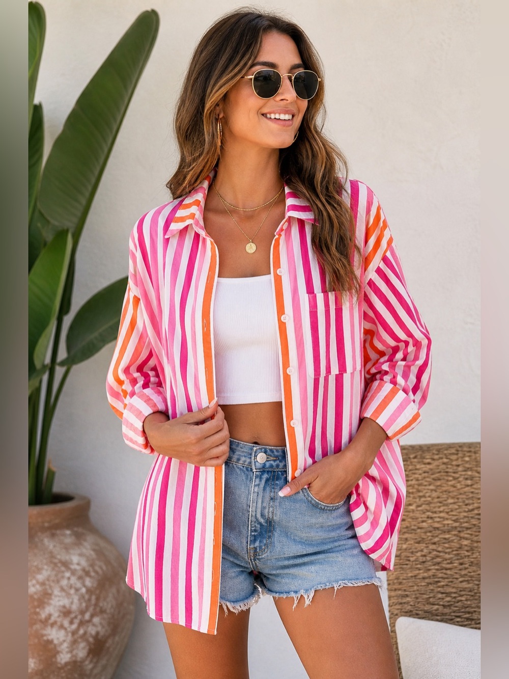 Beach Riot Pink & Orange Striped Button-Up Swim Coverup